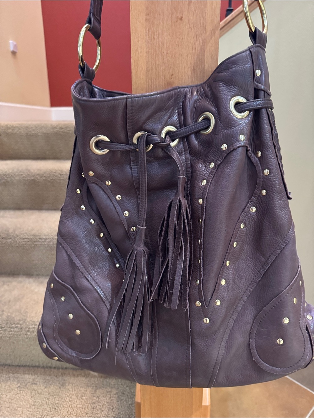 Bulga Brown Leather Tassel Drawstring Shoulder Bag